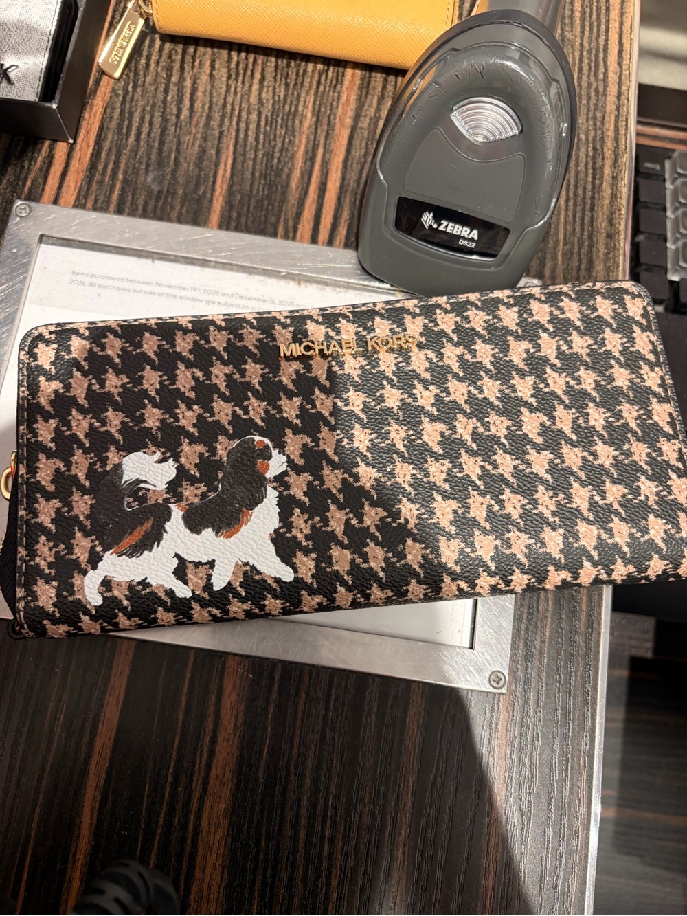 Michael Kors Brown Houndstooth Dog Print Zip Wallet